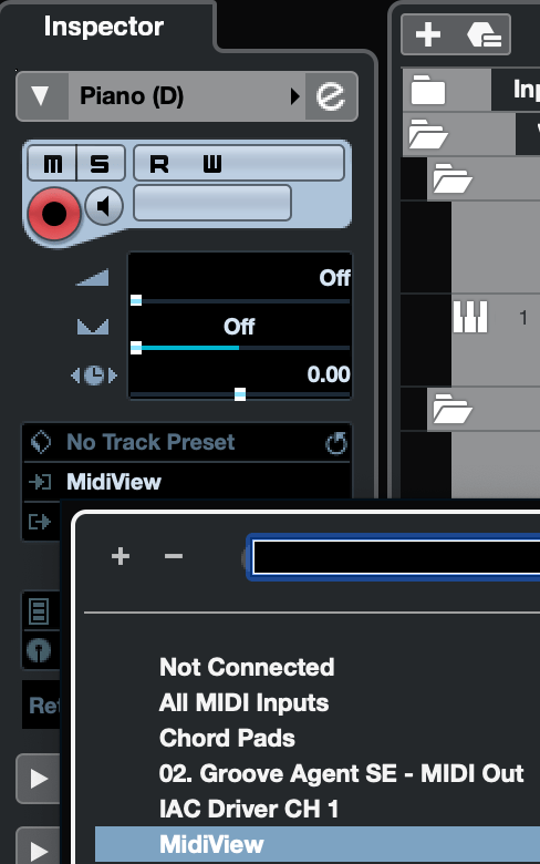 Cubase track MIDI input