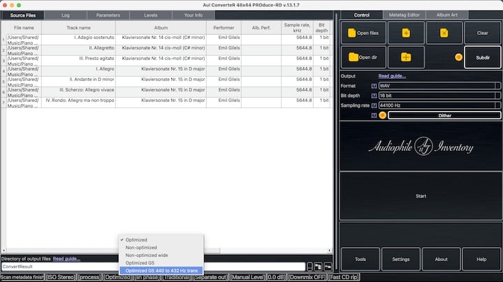 screenshot AuI ConverteR 440 to 432 Hz pitch transposition