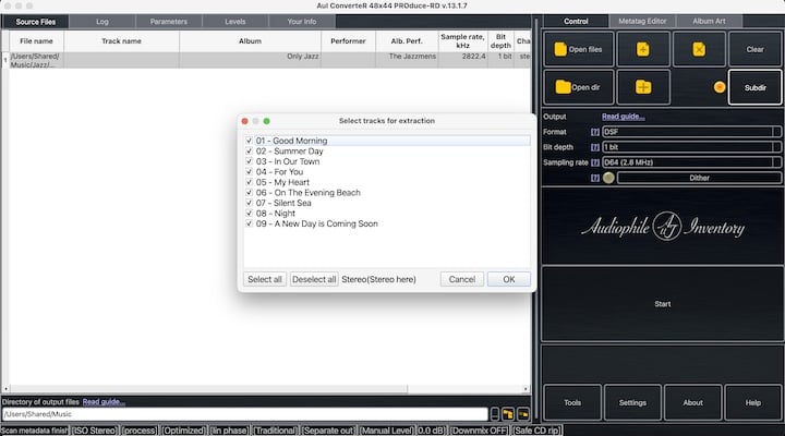 screenshot AuI ConverteR select individual tracks for SACD ISO extraction