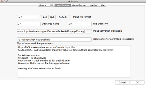 Settings window - Input formats tab